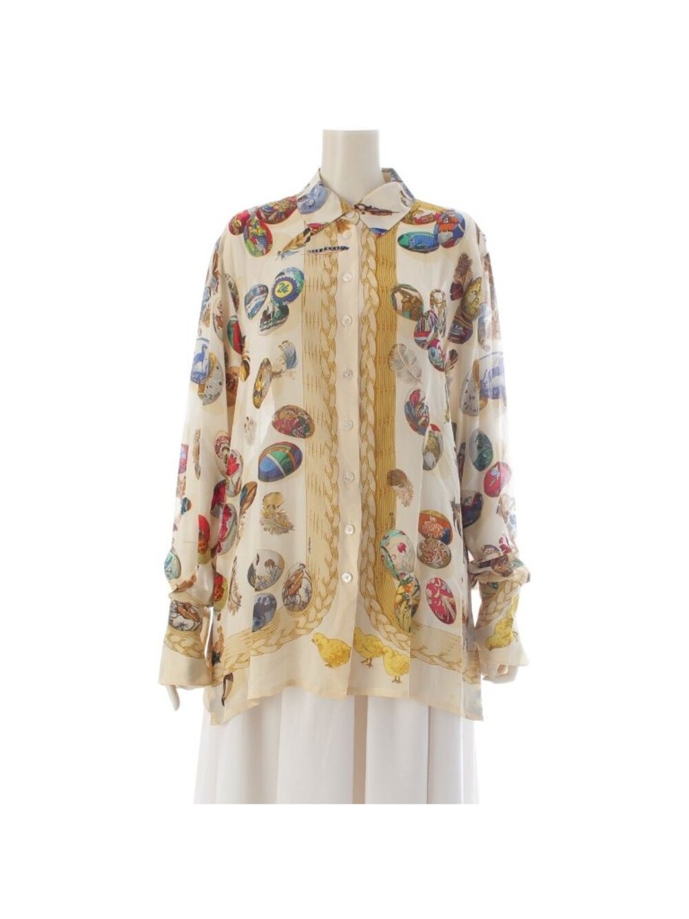 Hermes Silk Vintage Couvee D'hermes Egg Long Sleeve Shirt Top Beige Multicolor